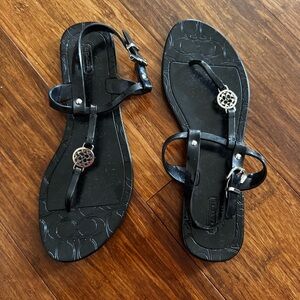 COACH Pansy Jelly Thong T-Strap Sandals Patent Black Monogram Sliver Buckle Flat